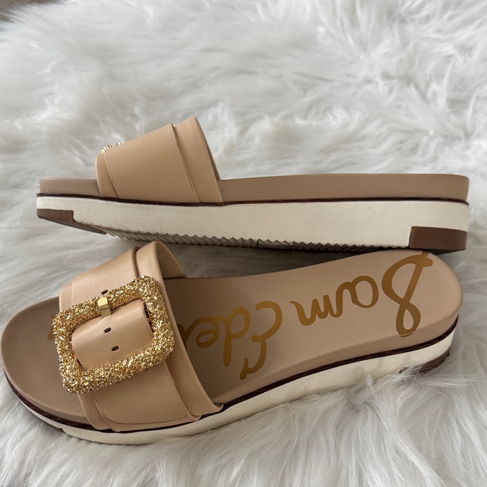 Sam Edelman Ariane Natural Slide Sandals with Glittering Gold Buckles size 7.5 - Picture 8 of 13